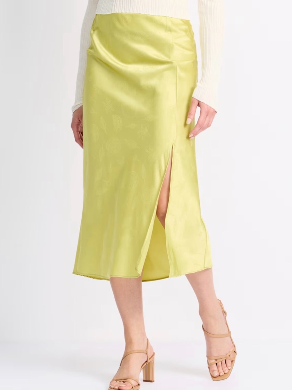 Skies Are Blue Citrus-Print Satin Midi Skirt in Light Green - Size M - NWT